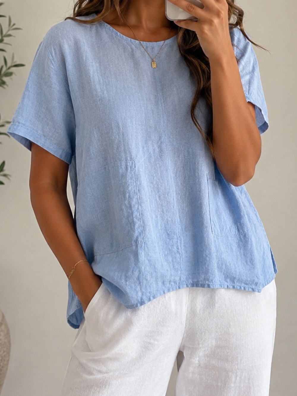 Pure Jill J.Jill 100% Linen Light Blue Boxy Blouse XS Petite